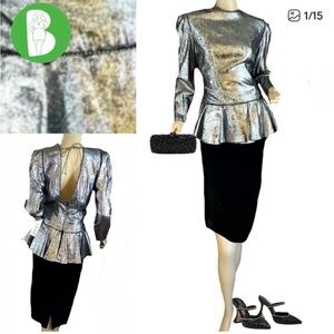 VINTAGE 1980'S DEADSTOCK AJ BARI BLACK VELVET & SILVER PEPLUM DRESS NWT (12)